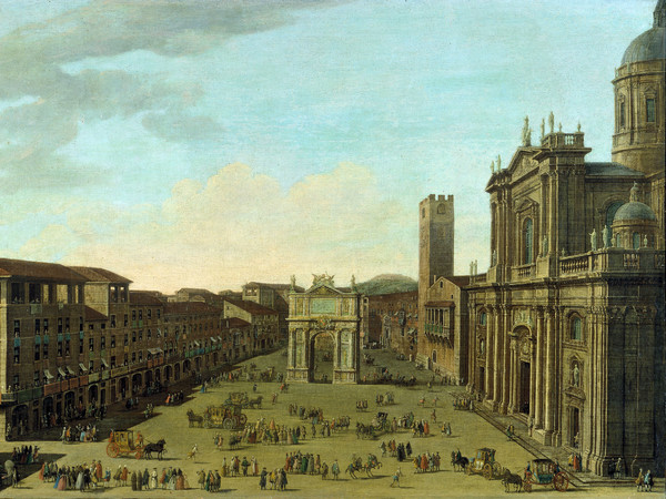 Francesco Battaglioli, Veduta di Piazza Duomo a Brescia, olio su tela, 90 x 130 cm.
