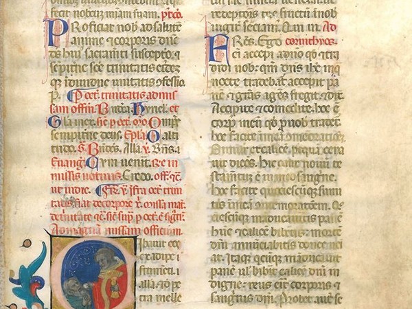 La Comunione, foglio manoscritto su pergamena con miniatura attribuibile a Nicolò di Giacomo, il più famoso artista della scuola bolognese del XIV secolo (Solmi Studio Bibliografico)