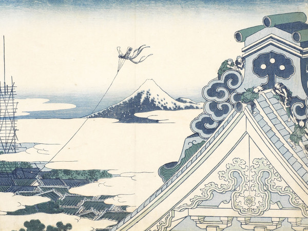 Katsushika Hokusai, Il santuario Honganji di Asakusa a Edo, Dalla serie Trentasei vedute del monte Fuji, 1830-1832 circa, Silografia policroma, 24.7 x 36.5 cm, Honolulu Museum of Art | Courtesy of Palazzo Reale, Milano 2016