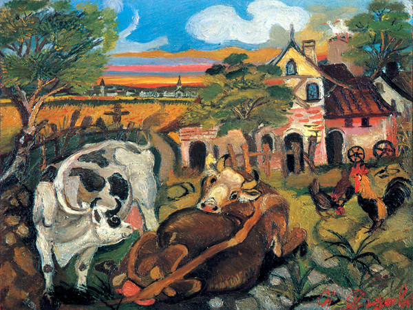 Antonio Ligabue, Fattoria con animali, 1943-1944, Olio su tavola di compensato, 30 x 40 cm