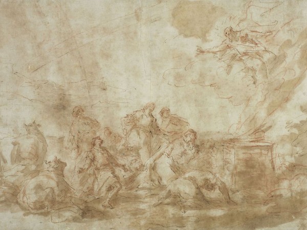 Francesco Guardì, Venezia, 1712-1793, La sfida sul monte Carmelo, disegno a penna, bistro, acquerellato in seppia su tracce a matita, cm. 28x42