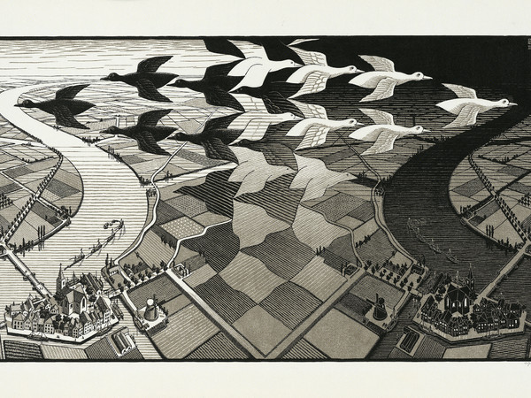 Maurits Cornelis Escher, <em>Giorno e notte</em>, 1938. Xilografia, 391x677 mm. Collezione M.C. Escher Foundation, Paesi Bassi All M.C. Escher works © 2024 The M.C. Escher Company. All rights reserved mcescher.com