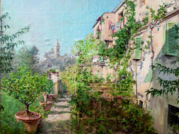 Telemaco Signorini, Giardino a Settignano, olio su tela applicata a cartone, 38x41 cm, 1885 circa. Istituto Matteucci, Viareggio