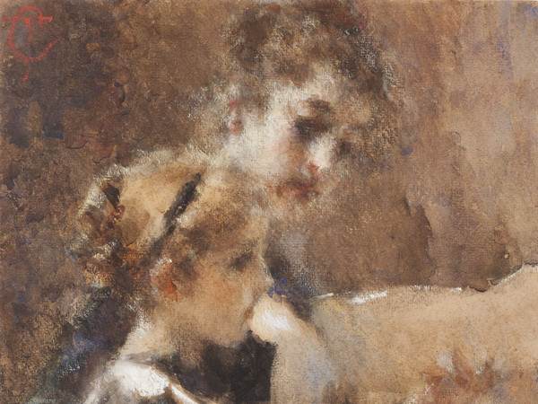 Tranquillo Cremona, Ripassando la lezione, 1877, Acquarello su cartoncino, 49 x 30 cm, Codogno, Fondazione Lamberti