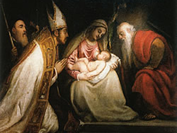 Tiziano Vecellio, Pala della Madonna con Bambino tra i santi Tiziano e Andrea e un accolito, 1565-1566. Chiesa Arcidiaconale di Santa Maria Nascente, Pieve di Cadore 