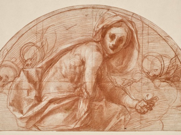 Studio preparatorio per la lunetta con Santa Cecilia, 1516-18/ 1519, sanguigna (pietra rossa) e lumeggiature a gesso su carta vergata avorio, mm. 230x400