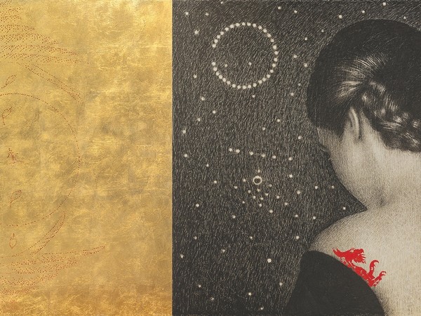 Omar Galliani, Mantra, 2022, dittico, matita nera e tempera su tavola e foglia d’oro, 100x200 cm.