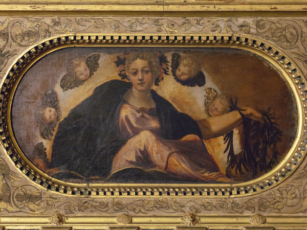 Tintoretto, Allegoria della Felicità, 1564-1565, Soffitto sala dell'Albergo, Scuola Grande di San Rocco, Venezia, Olio su tela | © Scuola Grande di San Rocco e Chiesa di San Rocco | Courtesy of Sky Italia s.r.l. Tintoretto – Un Ribelle a Venezia e Sky Arts Production Hub 2019