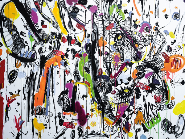 Emanuele Parmegiani , 2017. Spray, acrilico, matita e china su tela, cm. 200x180