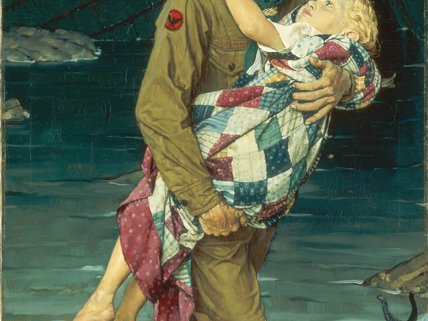 Norman Rockwell, A Scout Is Helpful (Uno scout si rende utile), 1939 Cover of Boys’ Life, February, 1941, and Boy Scouts of America calendar, 1941. Olio su tela, 86,36 x 60,96 cm Collection of The Norman Rockwell Museum at Stockbridge, NRM.1988.10