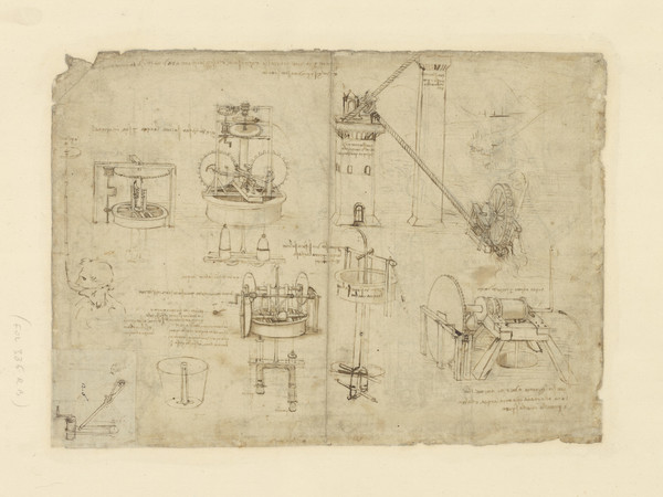 Leonardo da Vinci (1452-1519), Codice Atlantico (Codex Atlanticus), foglio 1069 recto, A sinistra, tubo munito di galleggiante per consentire la respirazione subacquea; macchine per sollevare, pompare e raccogliere acqua, In alto a destra, due lunghe coclee per trasportare l'acqua del fiume verso due torri, In basso a sinistra, secchio con sifone | © Veneranda Biblioteca Ambrosiana / Mondadori Portfolio