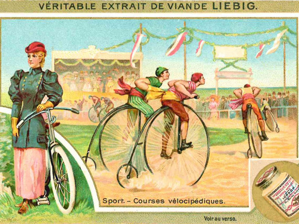 <span>Corse velocipediste", 1896, Pubblicità estratto di carne Liebig, Londra, Dalla serie di 6 figurine "Sport"</span>