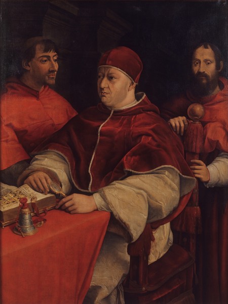 Giuliano Bugiardini, Leone X con i cardinali Giulio de’ Medici e Innocenzo Cybo, 1523-1525, Olio su tela 
