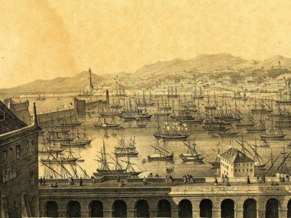 Anonimo, Genova e il suo Porto dalle Terrazze di Marmo (Litografia, ante 1883)