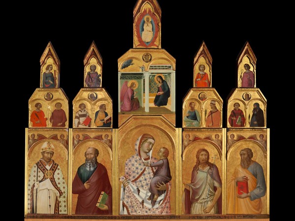 Pietro Lorenzetti, Madonna con Bambino, Santi, Annunciazione e Assunzione, pollittico, tempera su tavola, 1320-1324. Dopo il restauro 2020