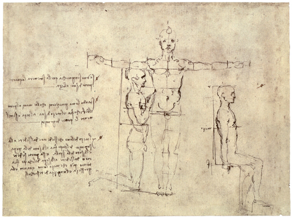 Leonardo da Vinci, proporzioni di uomo in piedi, inginocchiato e seduto Royal Collection, Windsor