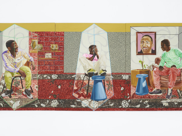 Feni Chulumanco, Igumbi Elitsha (New Room), 2022. Acrylic on Canvas, cm. 360x150 (3 panels - 120x150 cm. each). Courtesy Osart Gallery and the artist I Ph. Max Pescio