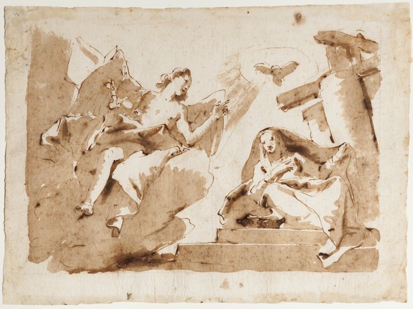 Giambattista Tiepolo, Annunciazione, penna e inchiostro bruno, inchiostro diluito bruno, tracce di grafite, mm 256x344. Firenze, Museo Stefano Bardini