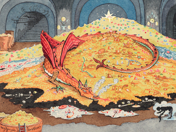 J. R. R. Tolkien, Conversation with Smaug | © The Tolkien Estate Limited 1937 | Un acquerello dipinto da Tolkien nel 1937 come illustrazione per la prima edizione americana de Lo Hobbit. In questa immagine, Bilbo Baggins, reso invisibile da un anello magico, dialoga con il drago sputafuoco, Smaug.