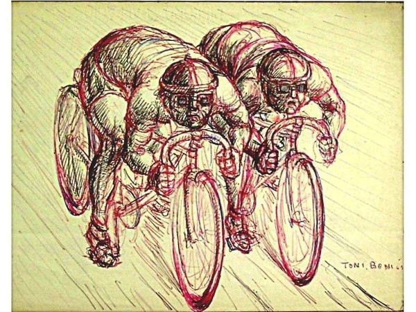 Toni Boni, Ciclisti, anni Cinquanta-Sessanta, penna nera, rossa e verde su cartoncino