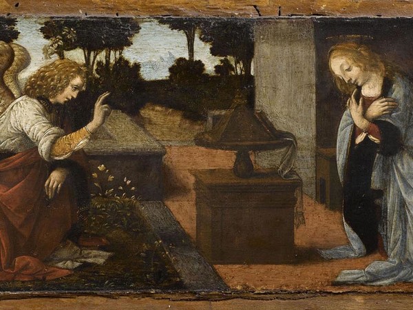 Leonardo da Vinci, Annunciazione, 1478-1480 circa. Olio su tavola di pioppo, 16 ✕ 60 cm. Parigi, Musée du Louvre, Département des Peintures, già in Collezione Campana, Roma, entrato al Louvre nel 1863