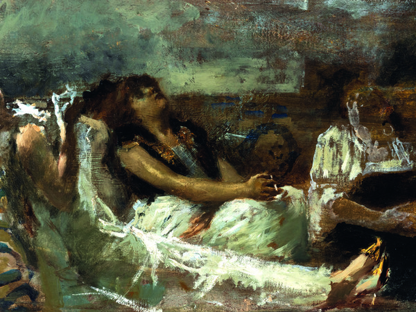Gaetano Previati, Fumatrice di haschisch o Fumatrice di oppio, Bozzetto, 1887, Olio su tela, 27 x 51.5 cm, Collezione privata