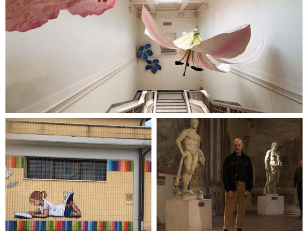 In alto: la Quadriennale d'Arte a Palazzo delle Esposizioni, segue la performance a Palazzo Altemps e il live painting della street artist Tiziana Rinaldi Giacometti al Parco dei Romanisti