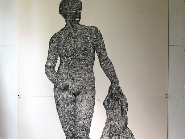 Miroslaw Balka, Afrodyta Knidos, 2021. Carboncino e penna su cartone; 200 × 140 cm. Veduta dell'opera nello studio dell'artista, 2021