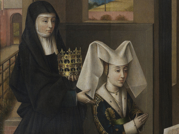 Groeningemuseum: Petrus Christus (1410/1420 - 1475/1476 circa), Isabella di Portogallo con Santa Elisabetta, Olio su pannello di quercia, 33 x 59 cm