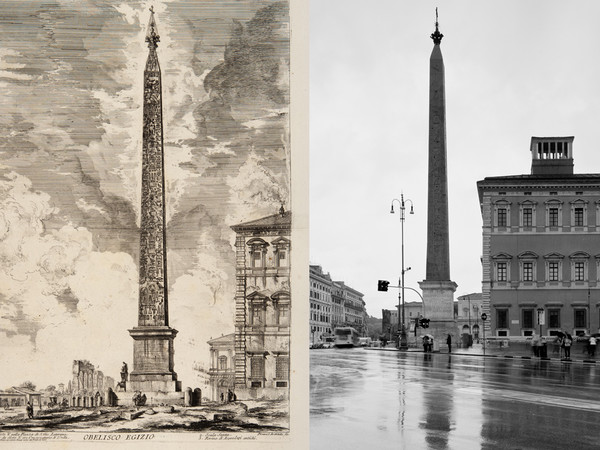 Giambattista Piranesi, <em>Obelisco Egizio</em>, Incisione all’acquaforte, Venezia, Fondazione Giorgio Cini / Gabriele Basilico, <em>Obelisco Egizio Lateranense e Palazzo del Laterano</em>, Stampa ai sali d’argento con trattamento al selenio, 2010 | Courtesy Fondazione Giorgio Cini e Archivio Gabriele Basilico<br />