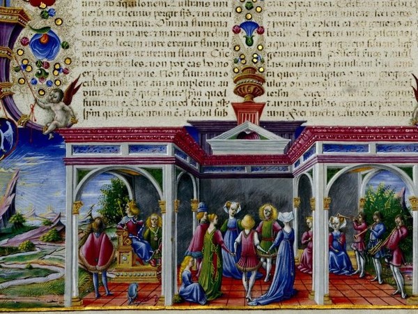 Bibbia di Borso d’Este: Taddeo Crivelli, bas-de-page della carta iniziale dell’Ecclesiaste, La corte di re Salomone; vol. I, c. 280v. Modena, Biblioteca Estense Universitaria