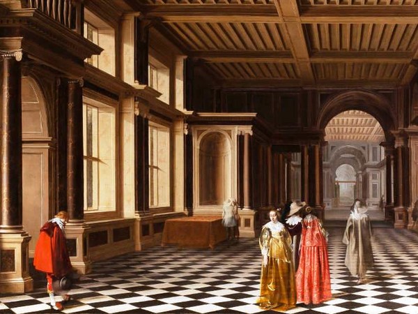 Pieter Willemsz Van der Stock, Willem Cornelisz Duyster, <em>Elegant Figures in a Classical Colonaded Gallery</em>, 1632, olio su tela, 101 x 152 cm Courtesy Rafael Valls ltd, London