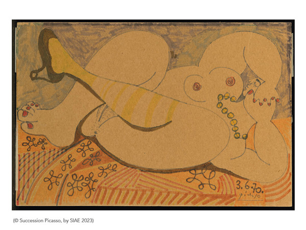 Pablo Picasso, Nu couché au collier (recto), 1970, pennarello su cartoncino, 15,4 x 22,9 cm © Succession Picasso, by SIAE 2023 