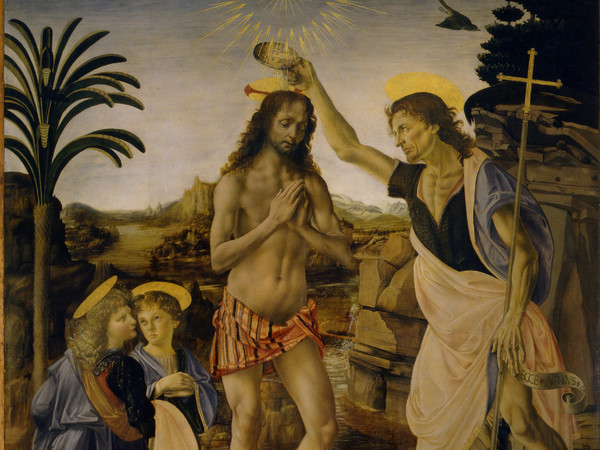 Leonardo da Vinci e Andrea del Verrocchio, Battesimo di Cristo, 1475-1478. Olio e tempera su Tavola, cm 177cm×151. Galleria degli Uffizi, Firenze