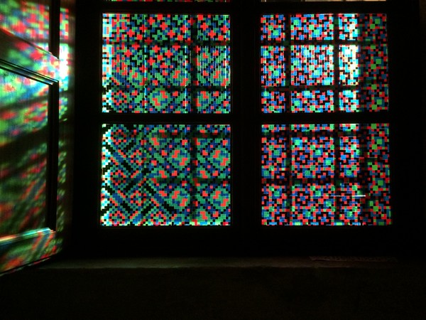 Mark Barrow and Sarah Parke, Analemma, 2018, 1cm vinyl squares on windows, detail, Capella Cavassa, Saluzzo