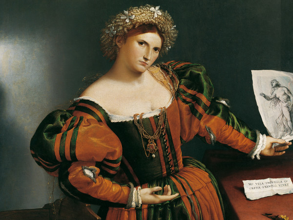 Lorenzo Lotto (Venezia, 1480 circa - Loreto, 1556-1557), Ritratto di donna con un disegno di Lucrezia, 1530-1533 circa, Olio su tela, 110.5 x 95.9 cm,The National Gallery, Londra