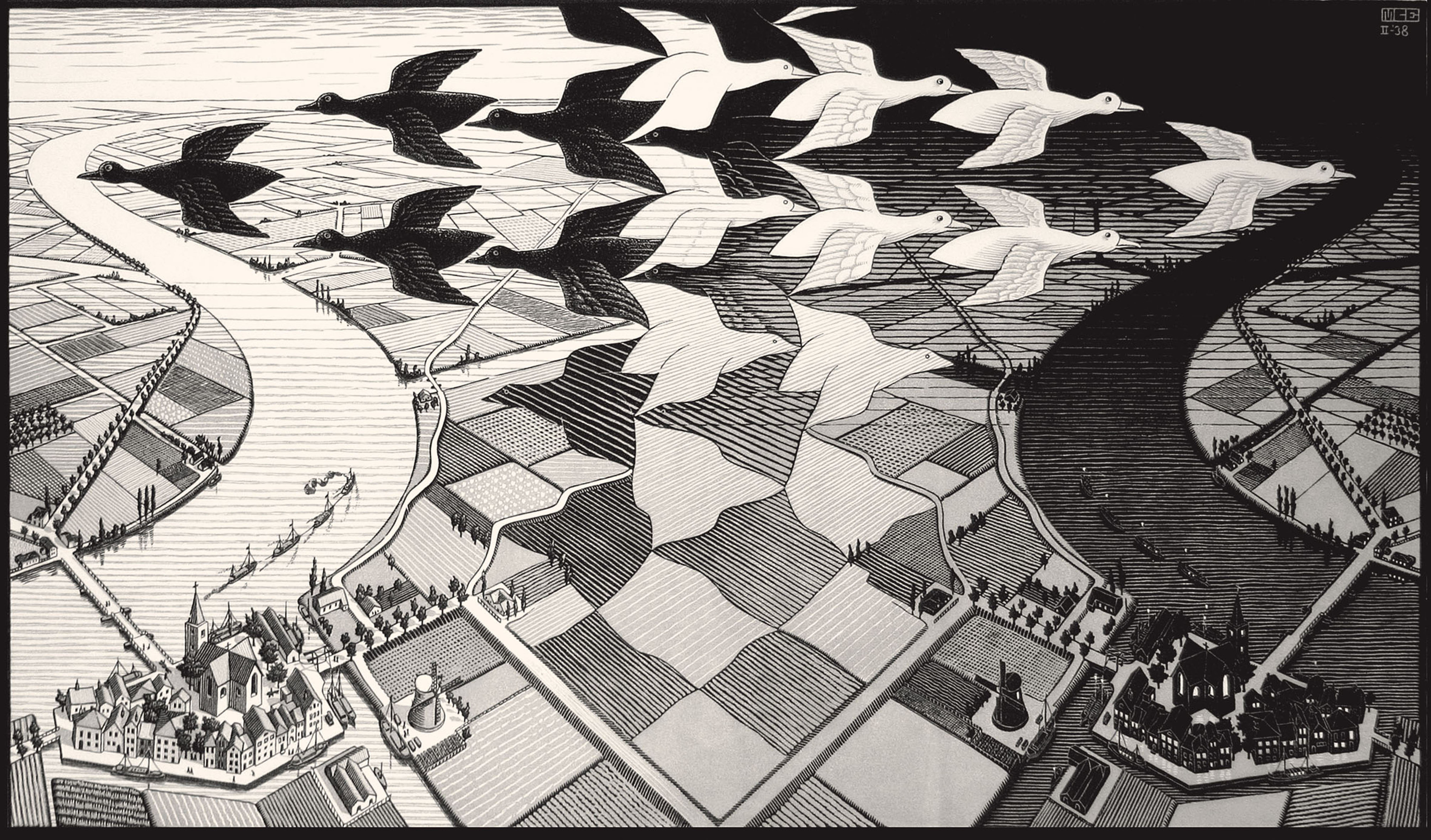 Maurits Cornelis Escher, Giorno e notte, Febbraio 1938, Xilografia, 67.7 x 39.1 cm, Collezione privata, Italia All M.C. Escher works | © 2018 The M.C. Escher Company | All rights reserved www.mcescher.co