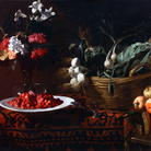 Giacomo Liegi, Cesta con verdura, vaso di fiori e fragoline, 114x172 cm, Collezione privata
