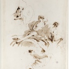  Giambattista Tiepolo, Figure femminili e piccolo zefiro sulle nubi (per il soffitto del salone da ballo di palazzo Clerici a Milano), penna e inchiostro bruno, inchiostro diluito bruno, su traccia di grafite, mm 380x298. Firenze, Museo Horne