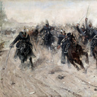 Giovanni Fattori, Carica di cavalleria, 1877 ca., Olio su tela, cm. 50x100, Collezione Sacerdoti-Ferrario