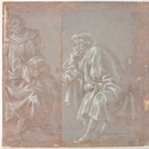 Filippino Lippi, Studi per due uomini seduti, uno rivolto verso destra e l’altro verso sinistra. Punta metallica, con lumeggiature di biacca su carta preparata in colore grigio, mm 239 x 248. Firenze, Gabinetto Disegni e Stampe degli Uffizi, inv.171