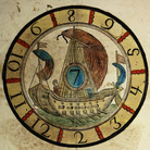 Il Vero Giuoco della Barca, Xilografia colorata, 310 x 410 mm, Milano, Pietro Agnelli, Primo quarto del XIX secolo, Le regole del gioco sono scritte in basso, sotto il cerchio con la raffigurazione della barca e il numero 7, Collezione Alberto Milano | Courtesy of Fondazione Benetton Studi Ricerche Treviso