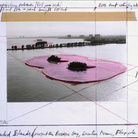 Christo, Surrounded Island, Biscayne Bay, Greater Miami, Florida, Collage 1982 28 x 35,5 cm, Pencil, photography by Wolfgang Volz, enamel paint, charcoal, wax crayon and tape | Photo Eeva-Inkeri © Christo 1982