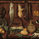 Jacopo Chimenti, detto l'Empoli (Firenze 1551-1640), Dispensa con pesce, carne, uova sode e fiasca di vino, 1625 circa, olio su tela.