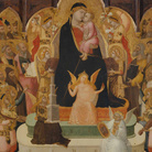 Ambrogio Lorenzetti, Madonna col Bambino in trono con Virtù teologali, angeli musicanti, santi e profeti, 1335 circa, Tempera, oro, argento e lapislazzuli su tavole di pioppo, 206.5 cm larghezza, H 161 cm (il pannello centrale), H 147.10 cm (i pannelli laterali), Dalla chiesa di San Pietro in Orto a Massa Marittima Massa Marittima (Grosseto), Museo di Arte Sacra