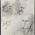 Antonio Canova, Autoritratto, due teste di Apostoli, una testa di guerriero, 1792-1798 circa. Penna a inchiostro bruno, carboncino e matita su carta avorio, 200 x 140 mm. Bassano del Grappa, Museo-Biblioteca-Archivio, F6 3.1652