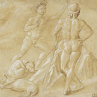 Benozzo Gozzoli, Due nudi maschili e due cani che dormono, 1459 circa, Penna e inchiostro marrone, acquerello marroncino, biacca su carta filigranata tinta di rosso, Firenze, Gabinetto Disegni e Stampe degli Uffizi
