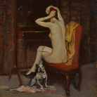 Lino Selvatico, Bozzetto (col cane), 1920 ca, Olio e tempera su tavola, 31 x 24 cm, Collezione privata | 