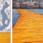 Christo e Jeanne-Claude, The Floating Piers (Progetto per il Lago d'Iseo, Italy), Disegno 2014, 38 x 165 cm and 106.6 x 165 cm, Matita, carboncino, pastello, pastello a cera, smalto, fotografie di Wolfgang Volz, mappa topografica, tessuto e nastro | Foto di André Grossmann © Christo 2014