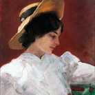 Pompeo Mariani, Il cappellino giallo. Olio su tela, 59,5 x 46 cm